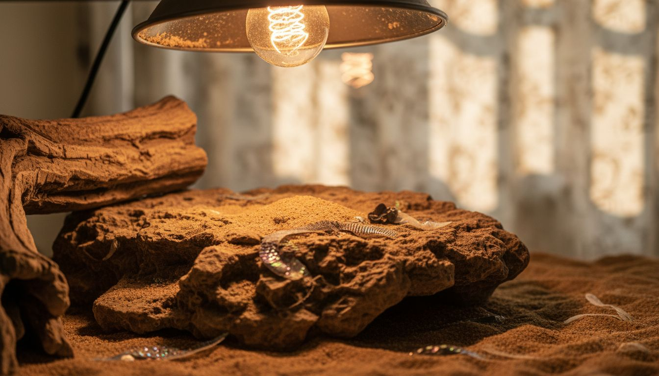 Heat lamp warming basking rocks in terrarium