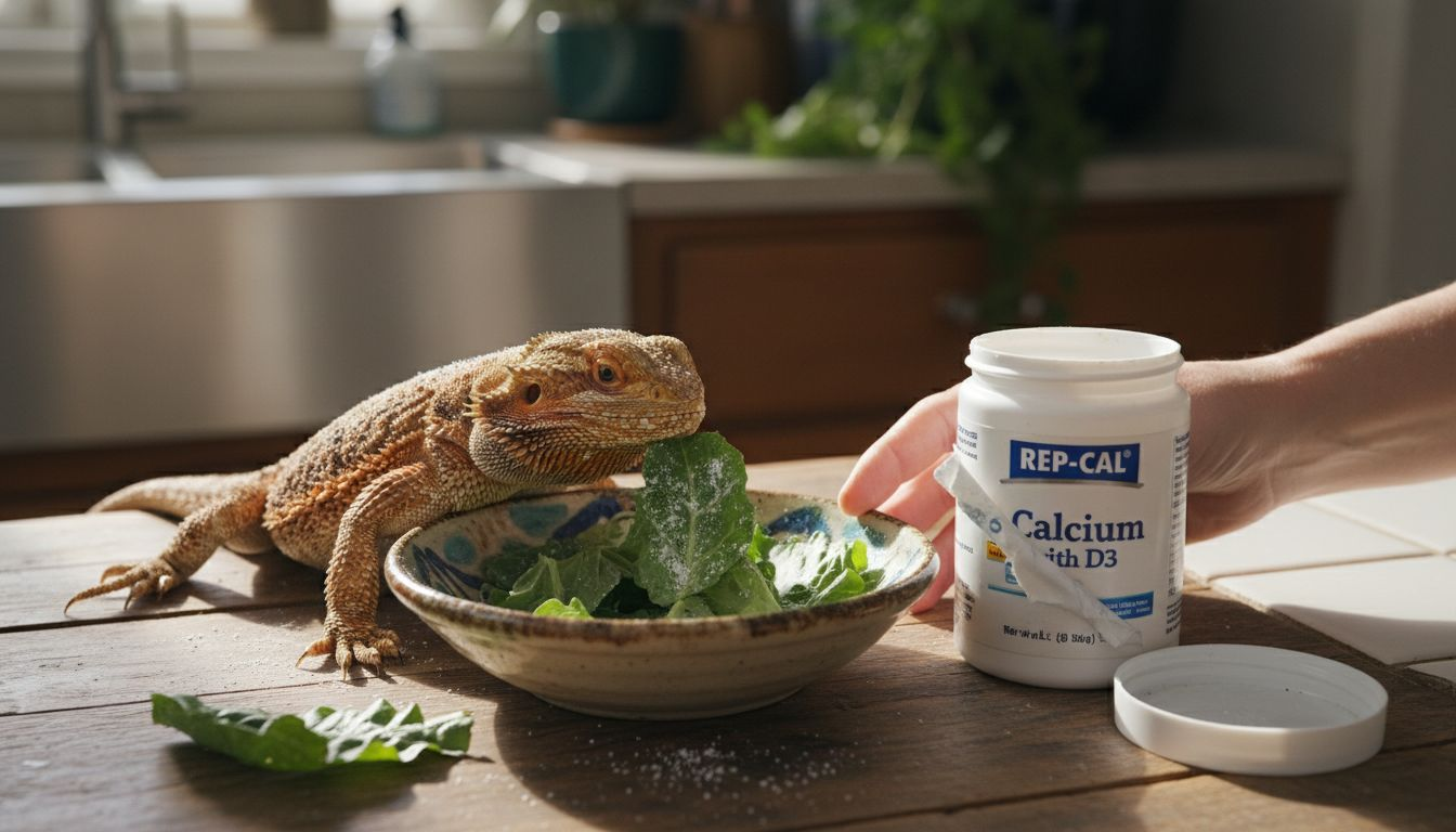 Bearded dragon eating vitamin dusted greens