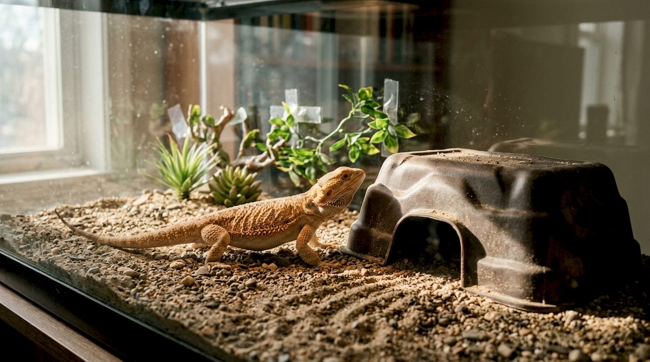 Plastic reptile hide with bearded dragon approaching