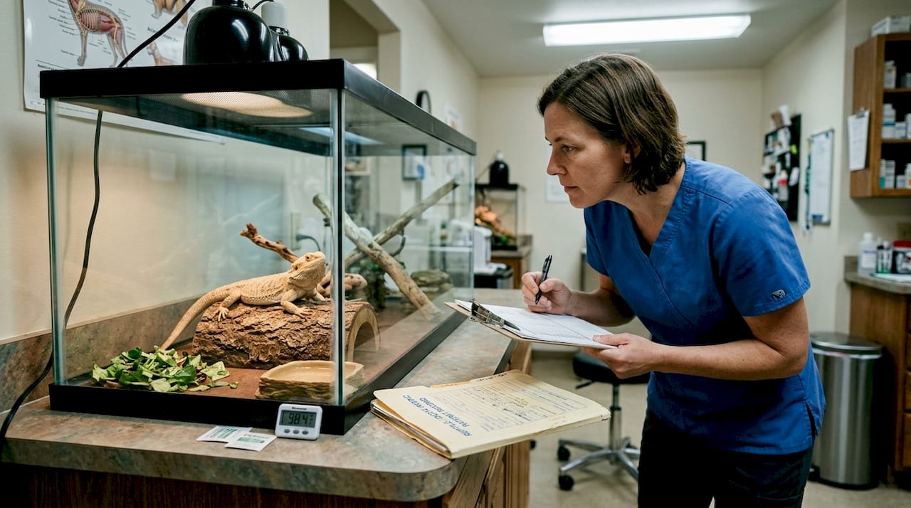 Veterinarian monitoring healthy looking bearded dragon