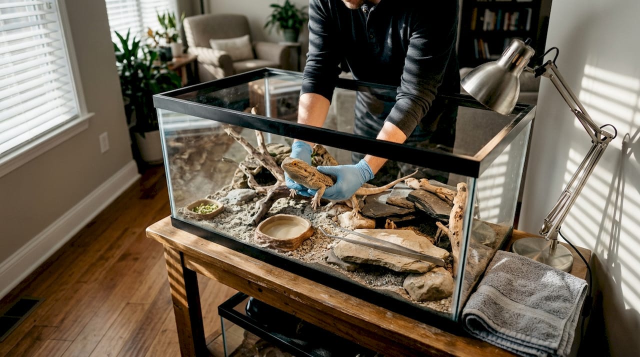 Person handling bearded dragon in home terrarium