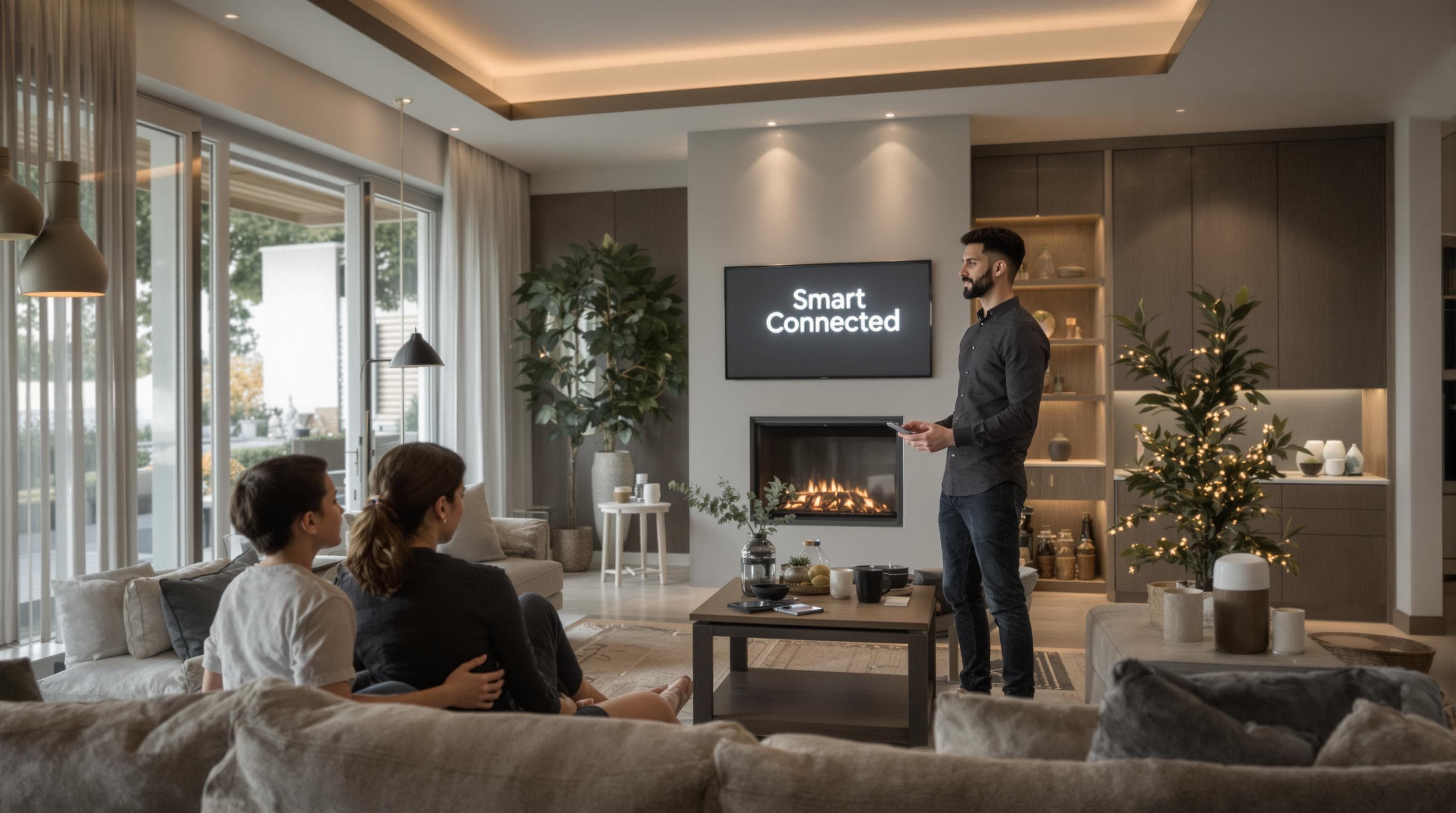 Family interacts with smart home systems in high-tech luxury setting, 'Smart Connected' visible