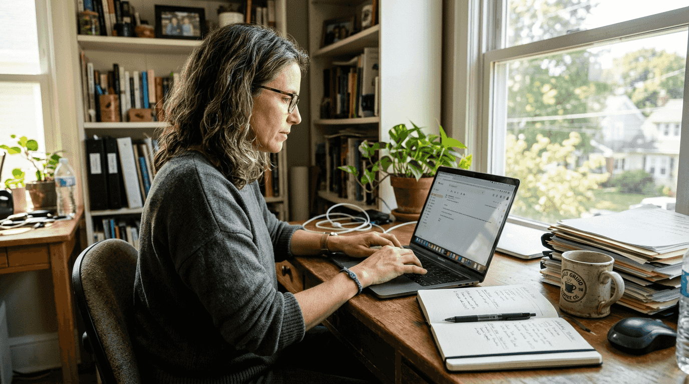 Woman completing accountability check-in at laptop