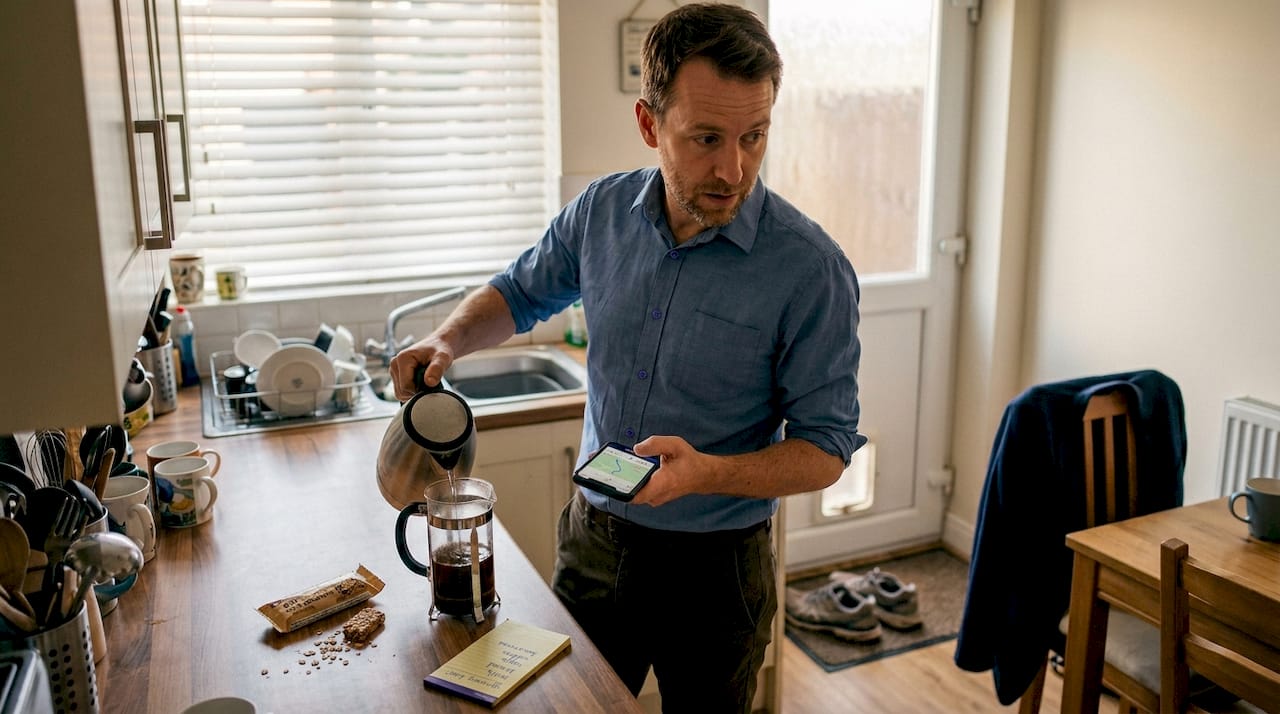 Man balancing health routines in home kitchen