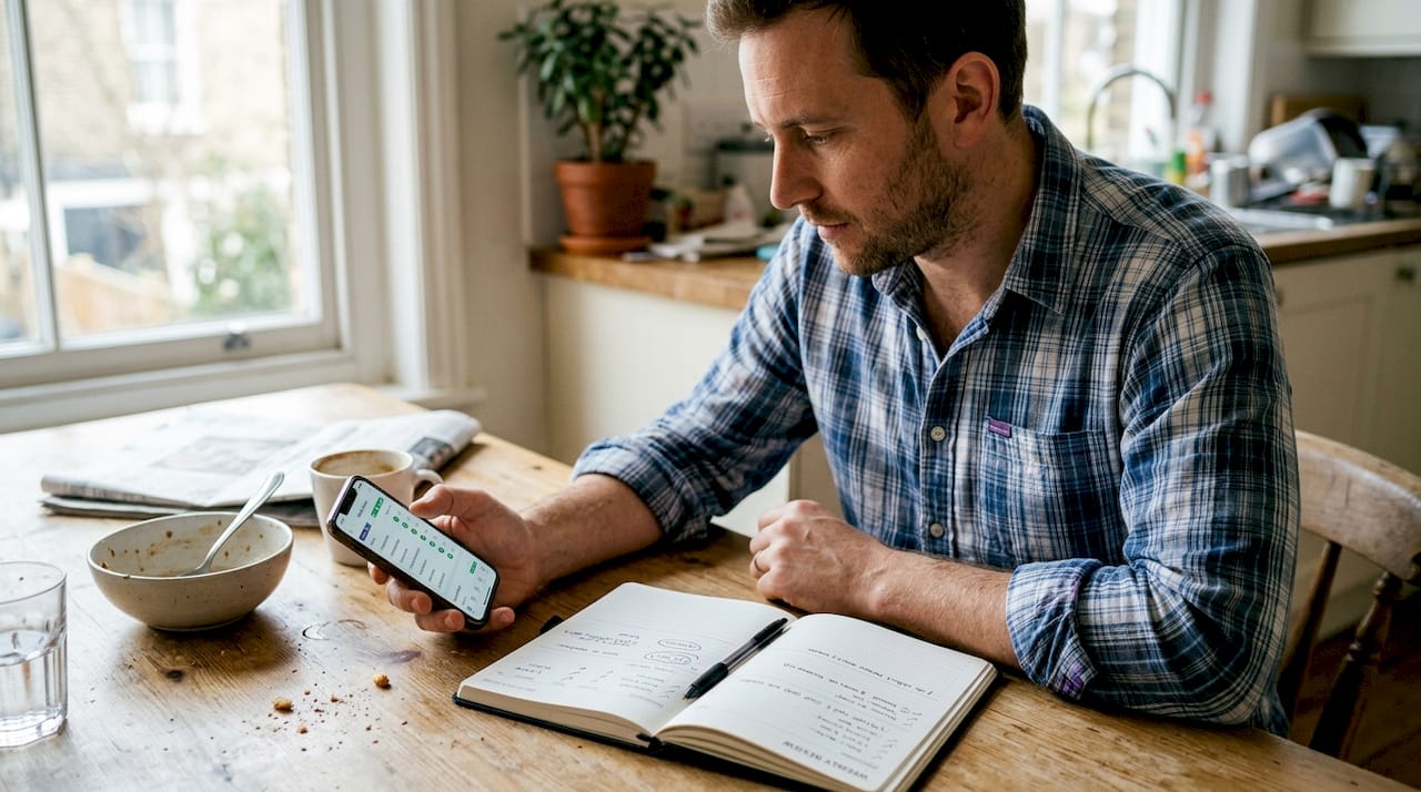 Man reviewing progress at kitchen table