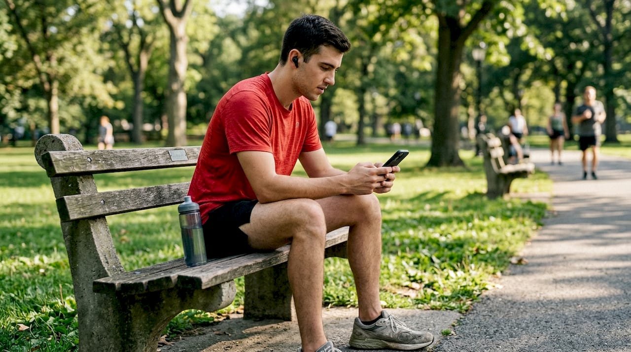 Runner checks fitness app progress outdoors