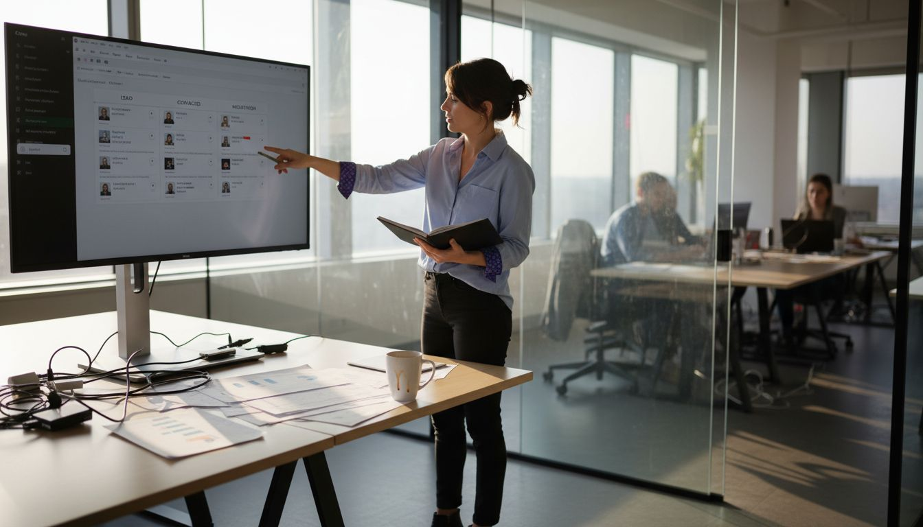 Sales coordinator points at CRM workflow screen