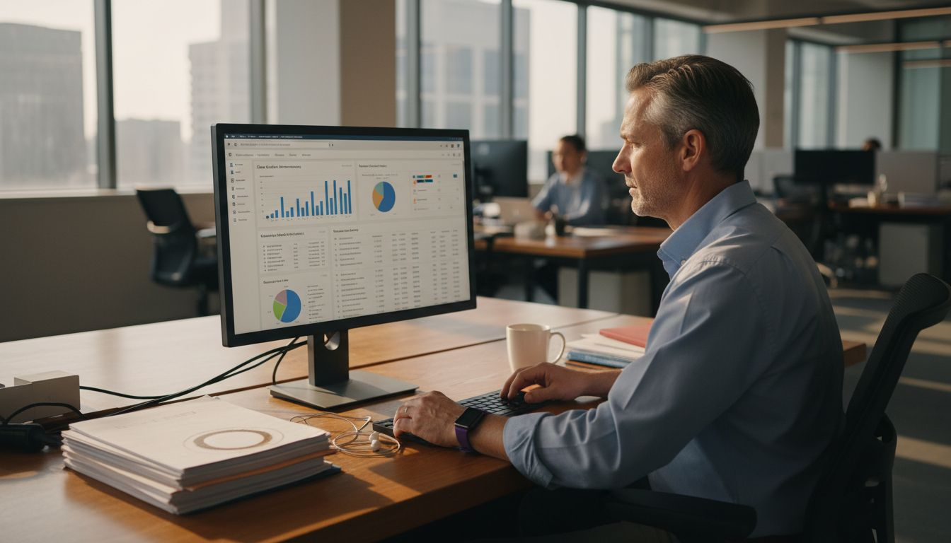 Professional analyzing CRM dashboard in real sales office