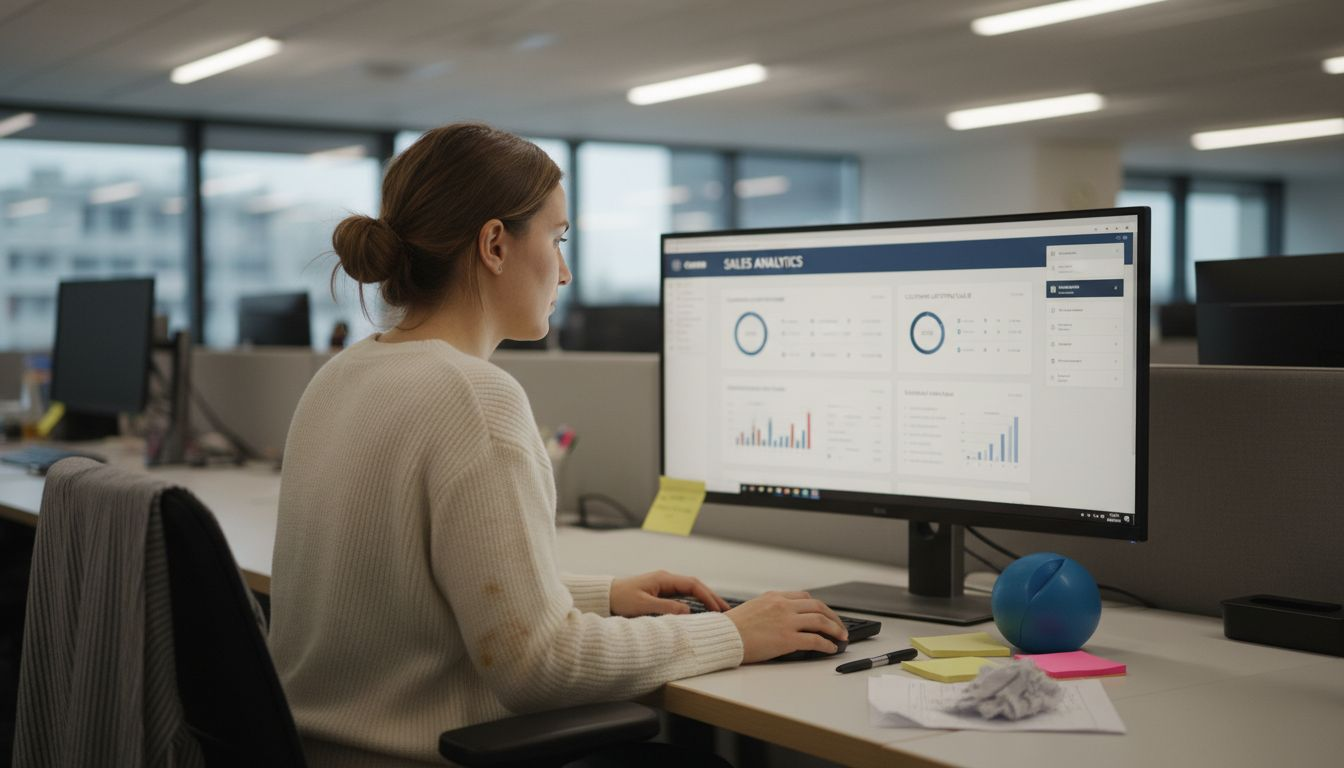 Worker reviewing CRM dashboard at busy desk