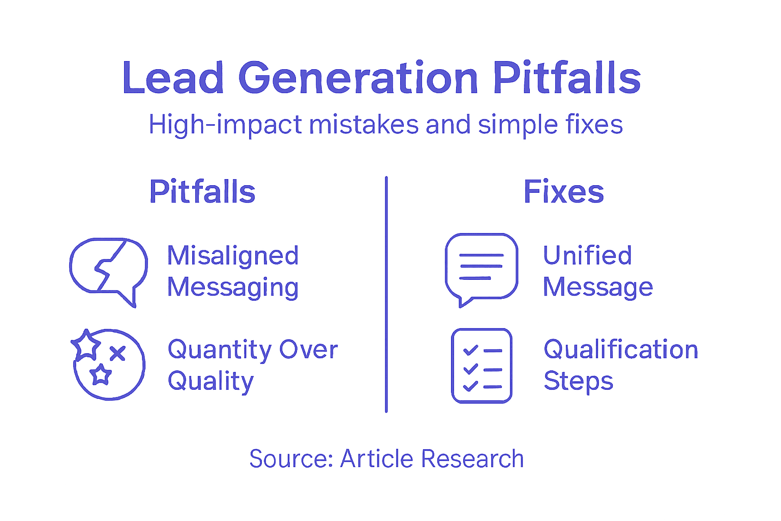 Infographic showing lead generation pitfalls and fixes