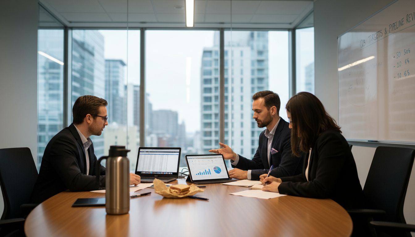 Sales team meeting reviewing company data