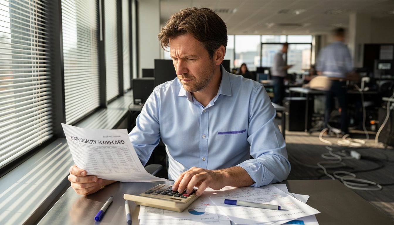 Sales analyst reviews data quality scorecard