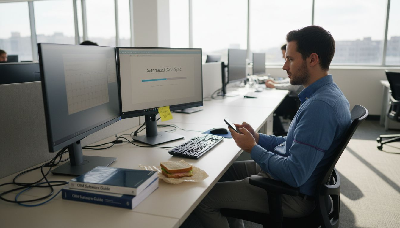 Sales admin at desk watching data sync progress