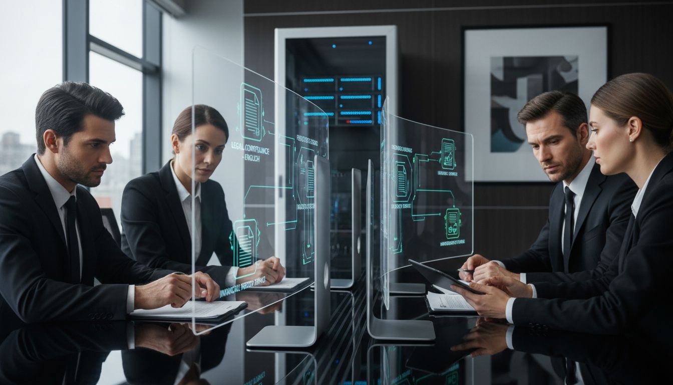 Professionals using AI translation in secure office