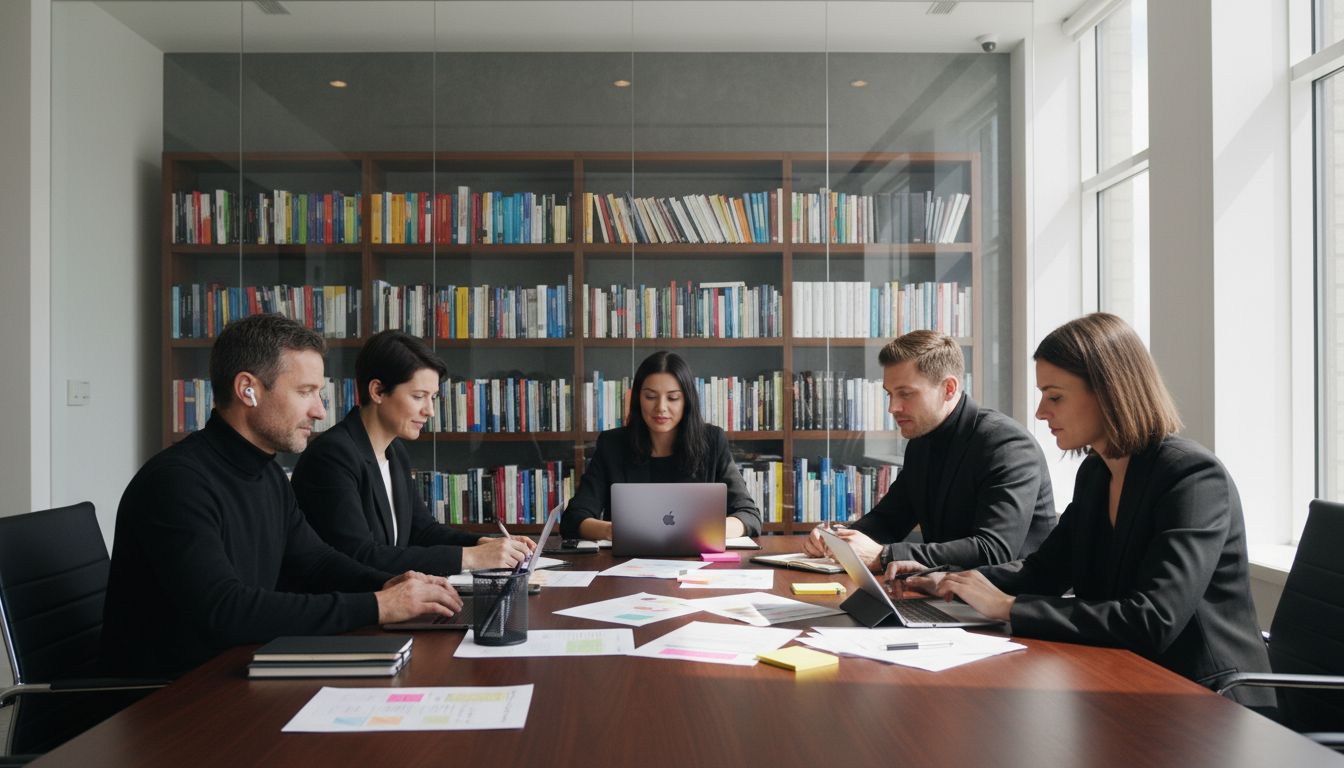 Translation experts collaborate in modern office