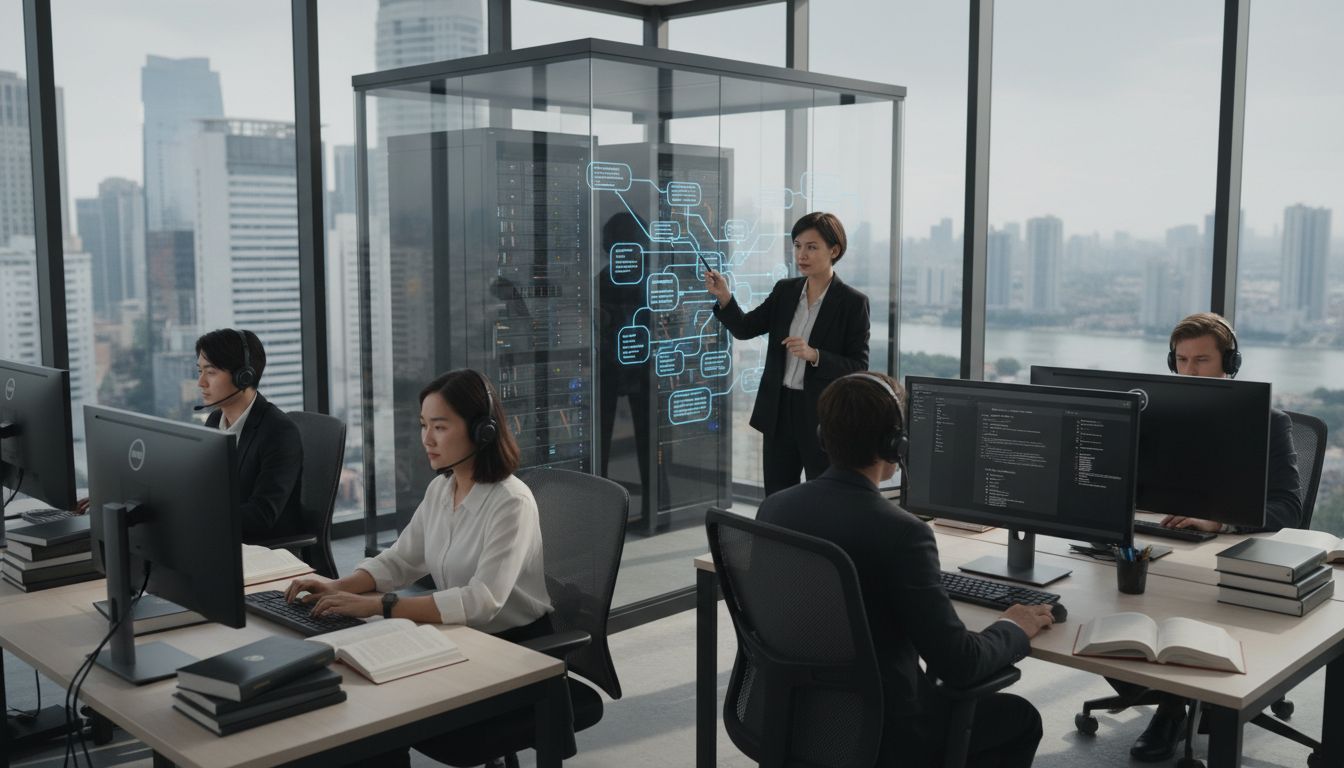 Translators collaborating in high-tech workspace