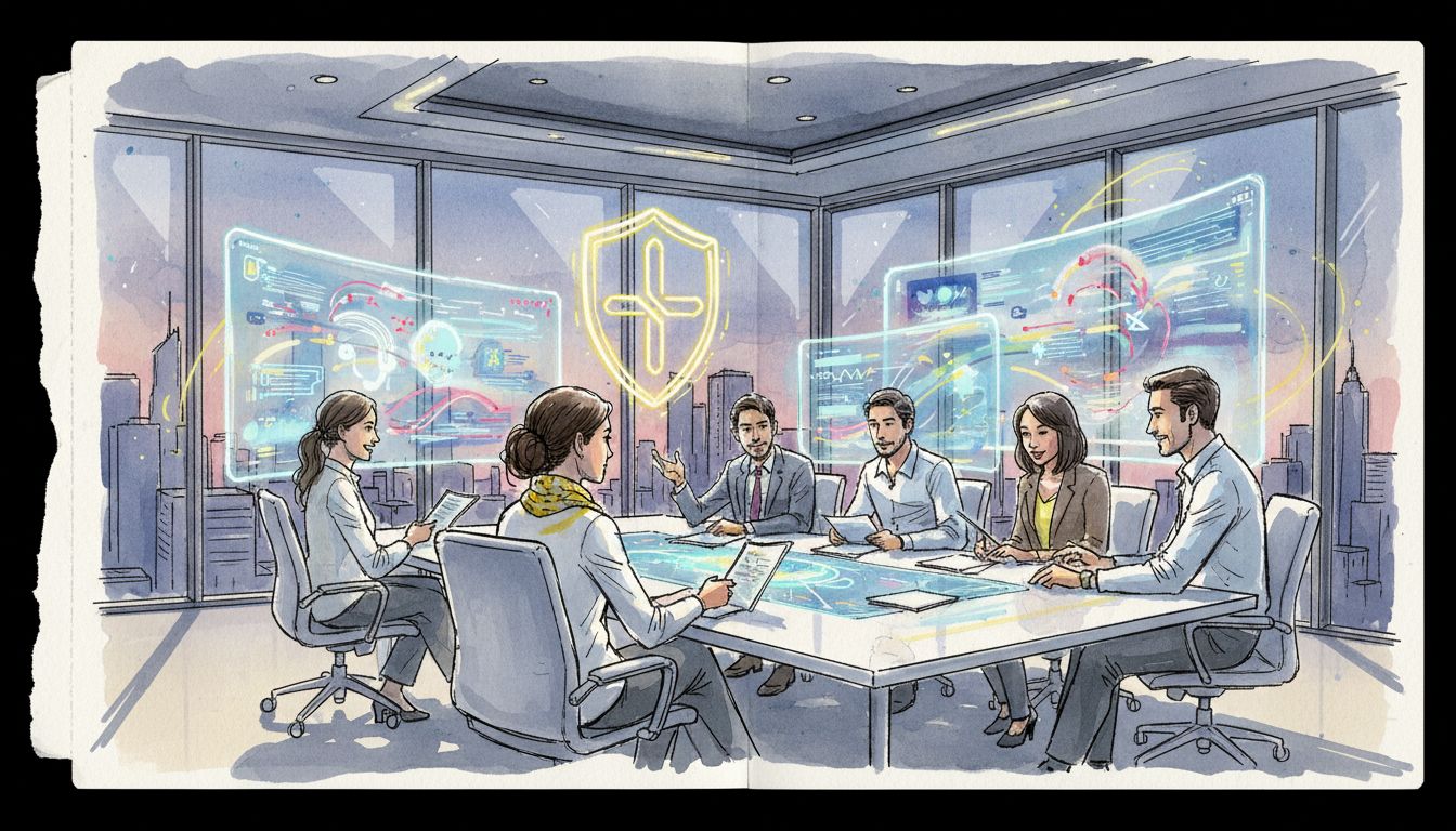 Team collaborating on AI-driven translation in office