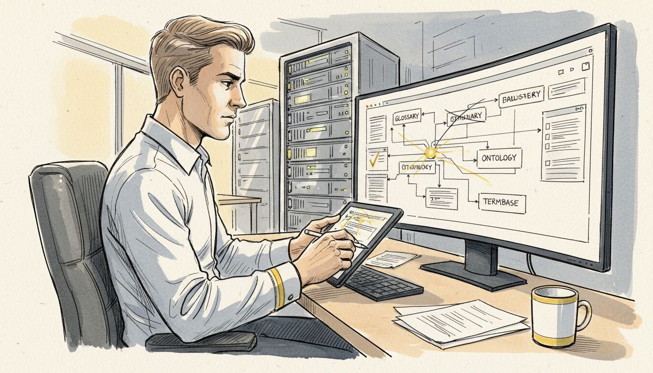 Linguist validating language assets at workstation