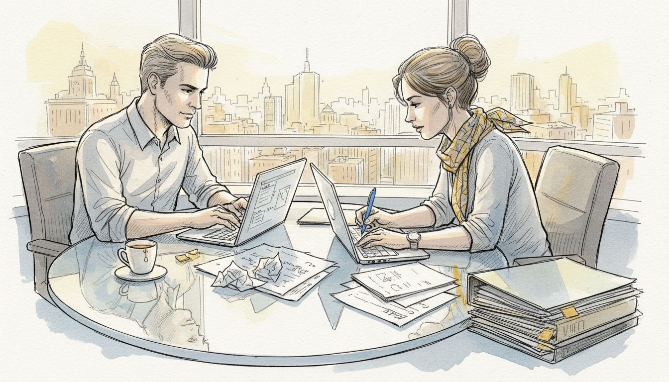 Team collaborating on translation project in office