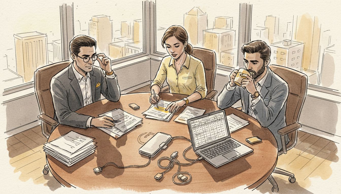 Business team reviewing translation project materials