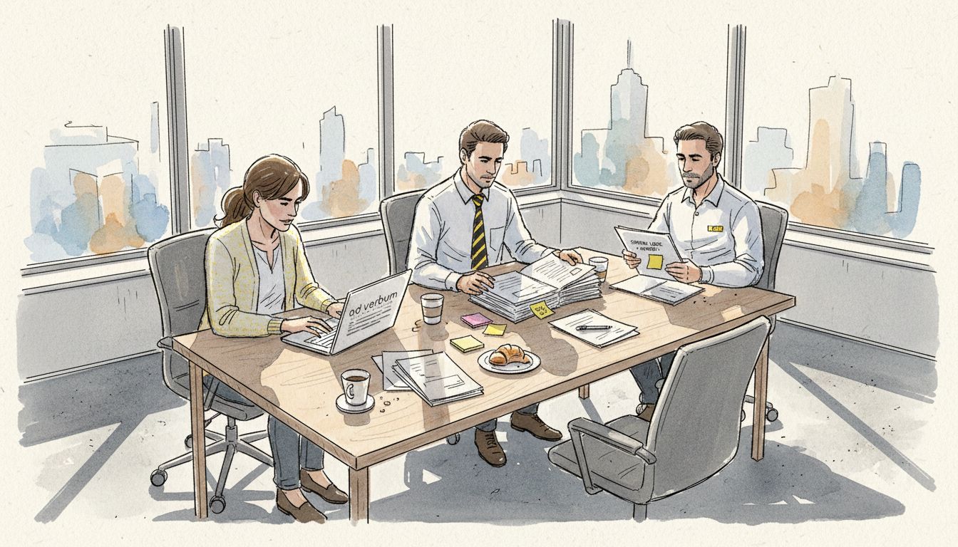 Team reviewing translation compliance documents in bright office