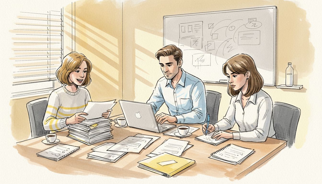 Team reviewing documents during translation process