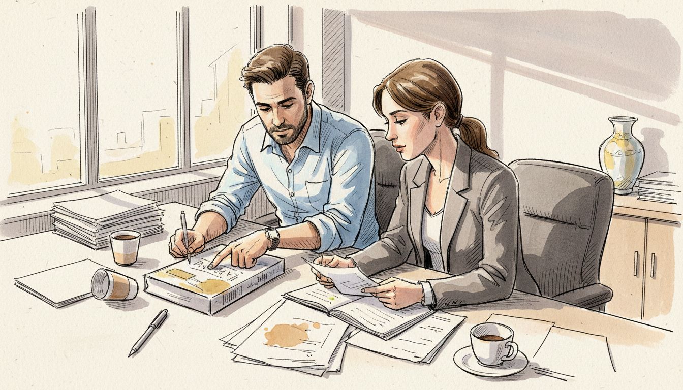 Business people reviewing translation error in office