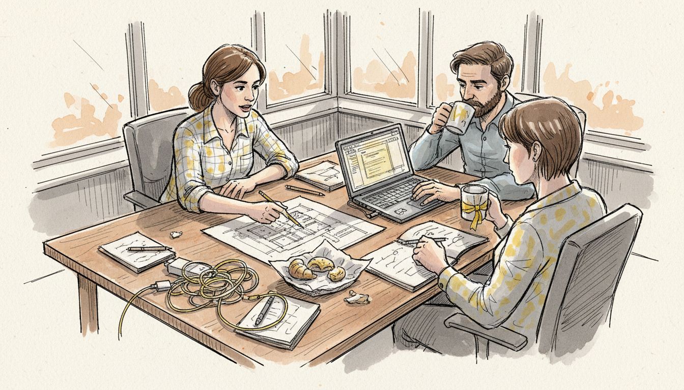 Translation team reviewing workflow documents