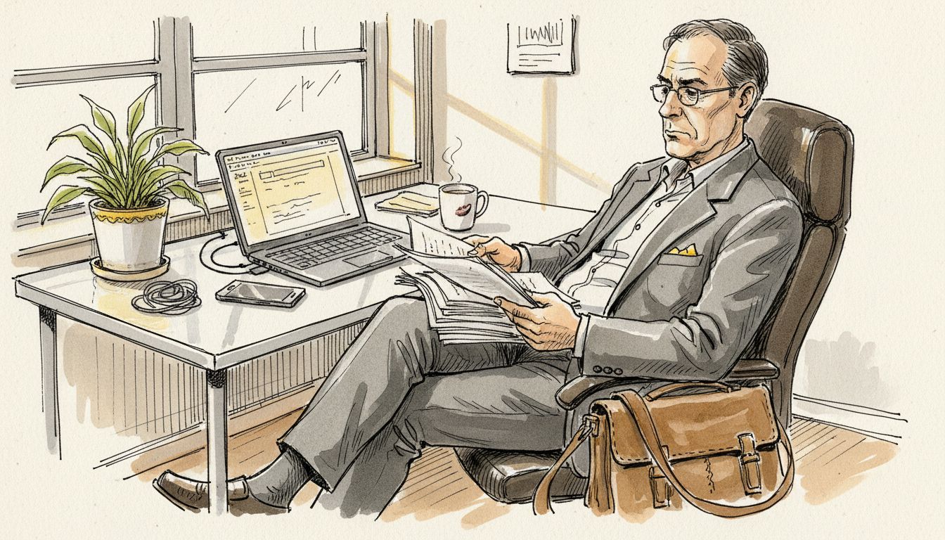 Man reviewing translation documents near office window