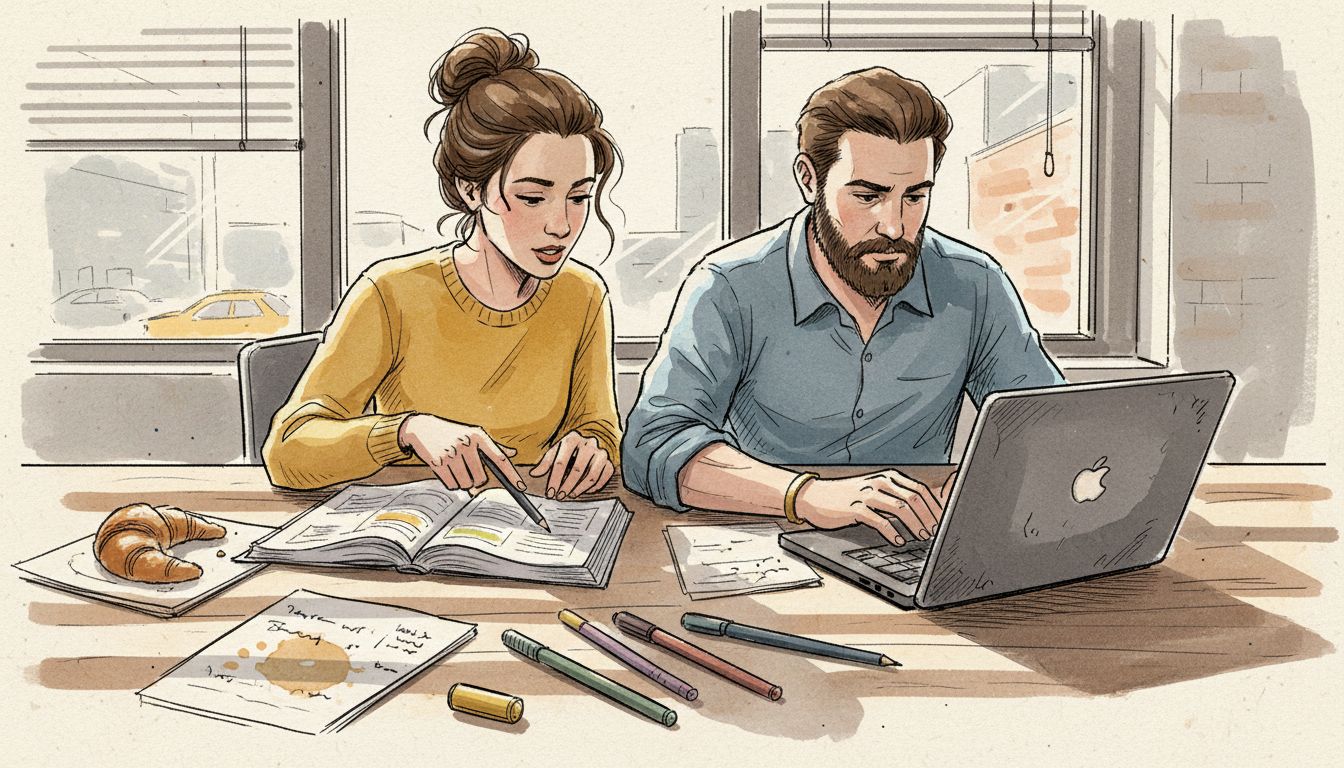 Two colleagues collaborating over translation project