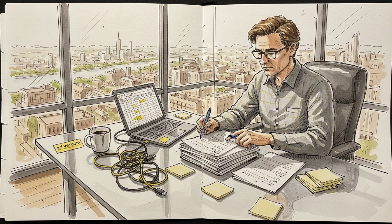 Manager reviewing translation documents in office