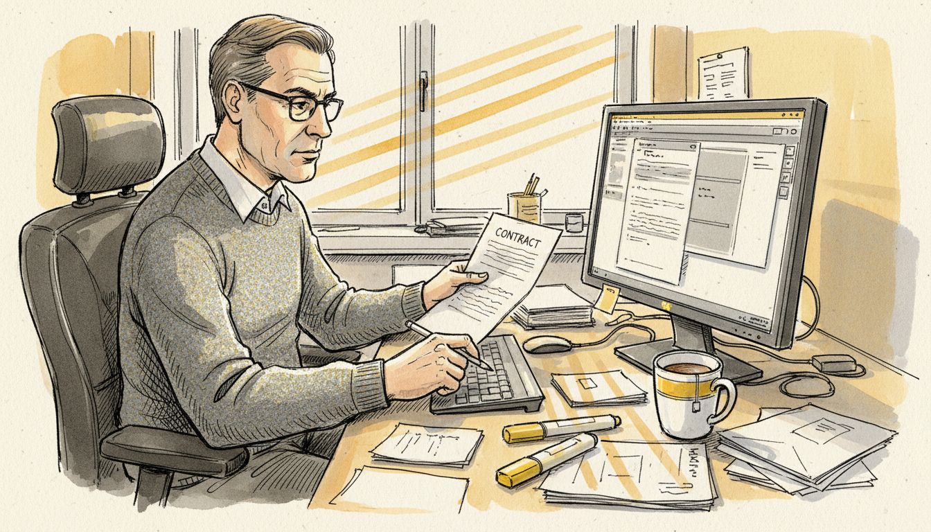 Legal translator reviewing documents in office