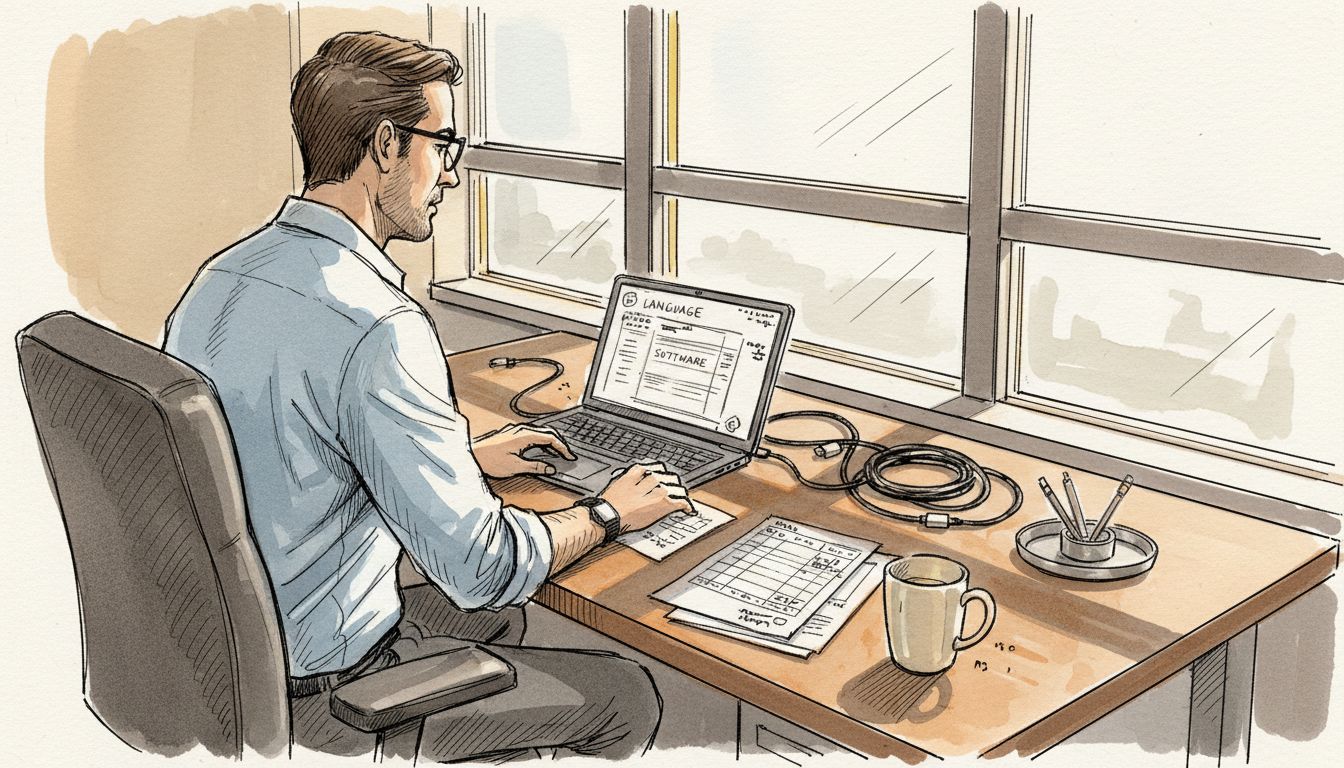 Project manager using translation software at office desk