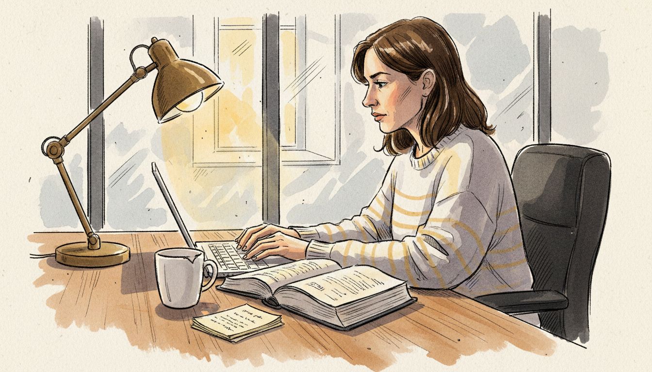 Translator working at desk with legal book