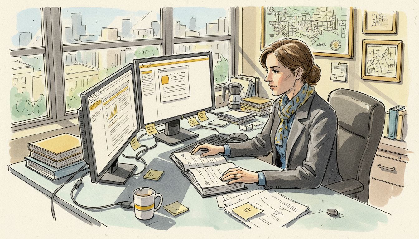 Translator working on regulatory documents at desk