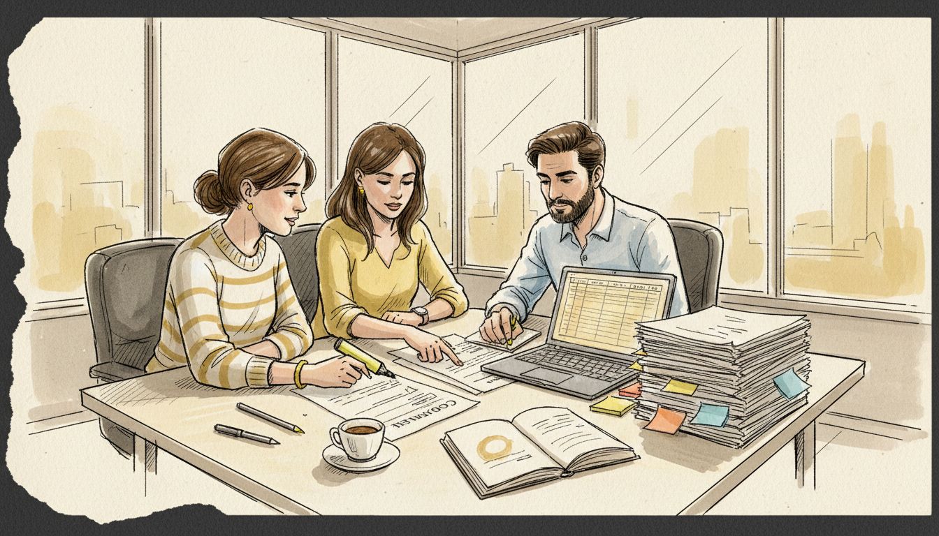 Translation team reviewing compliance documents together