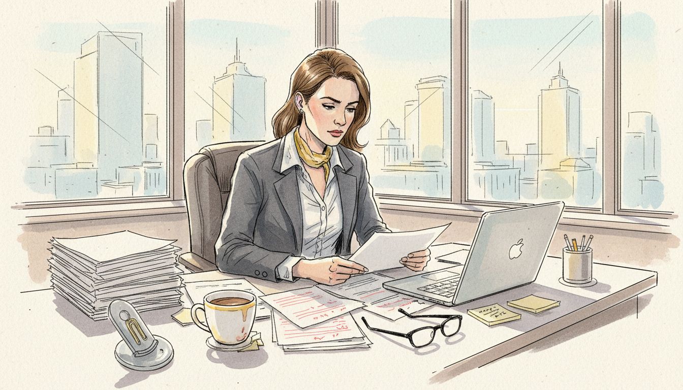 Translator reviewing documents in bright office