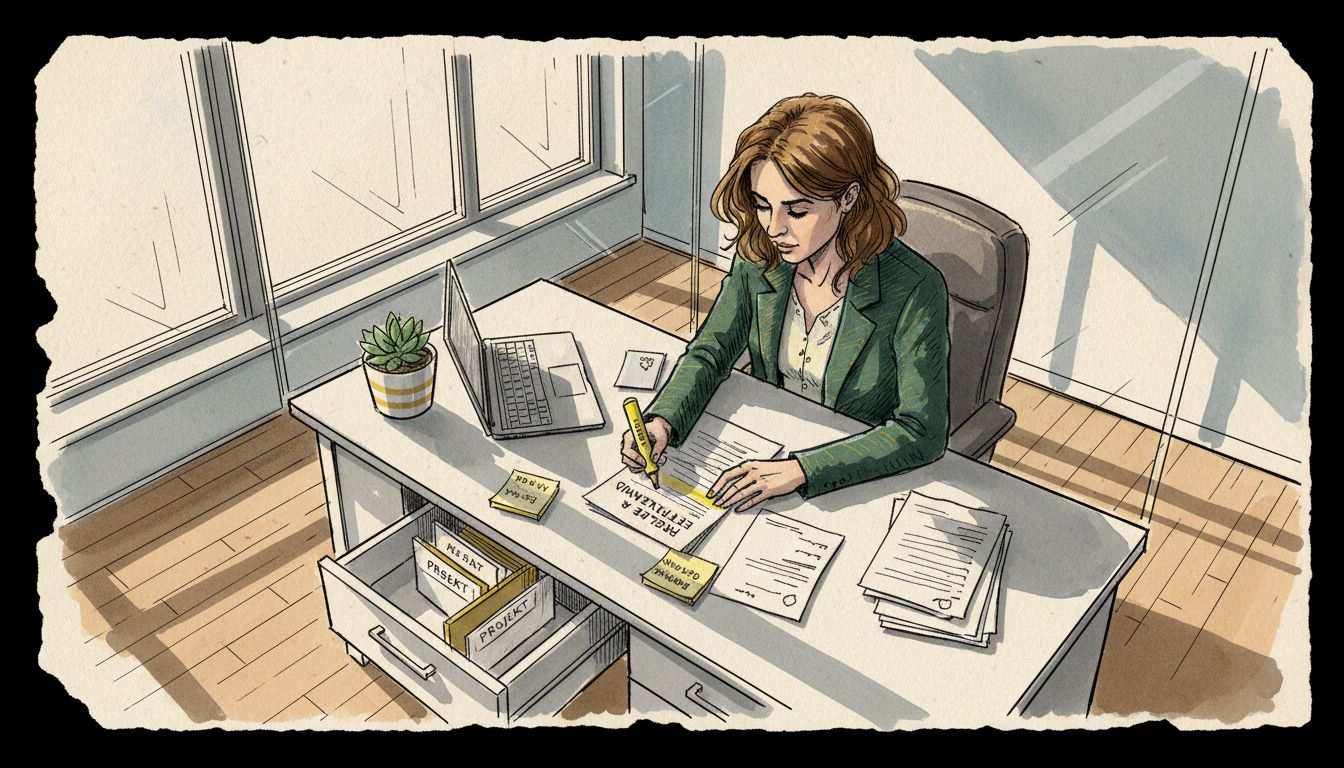 Kvinna som arbetar med att översätta regelverk på kontoret