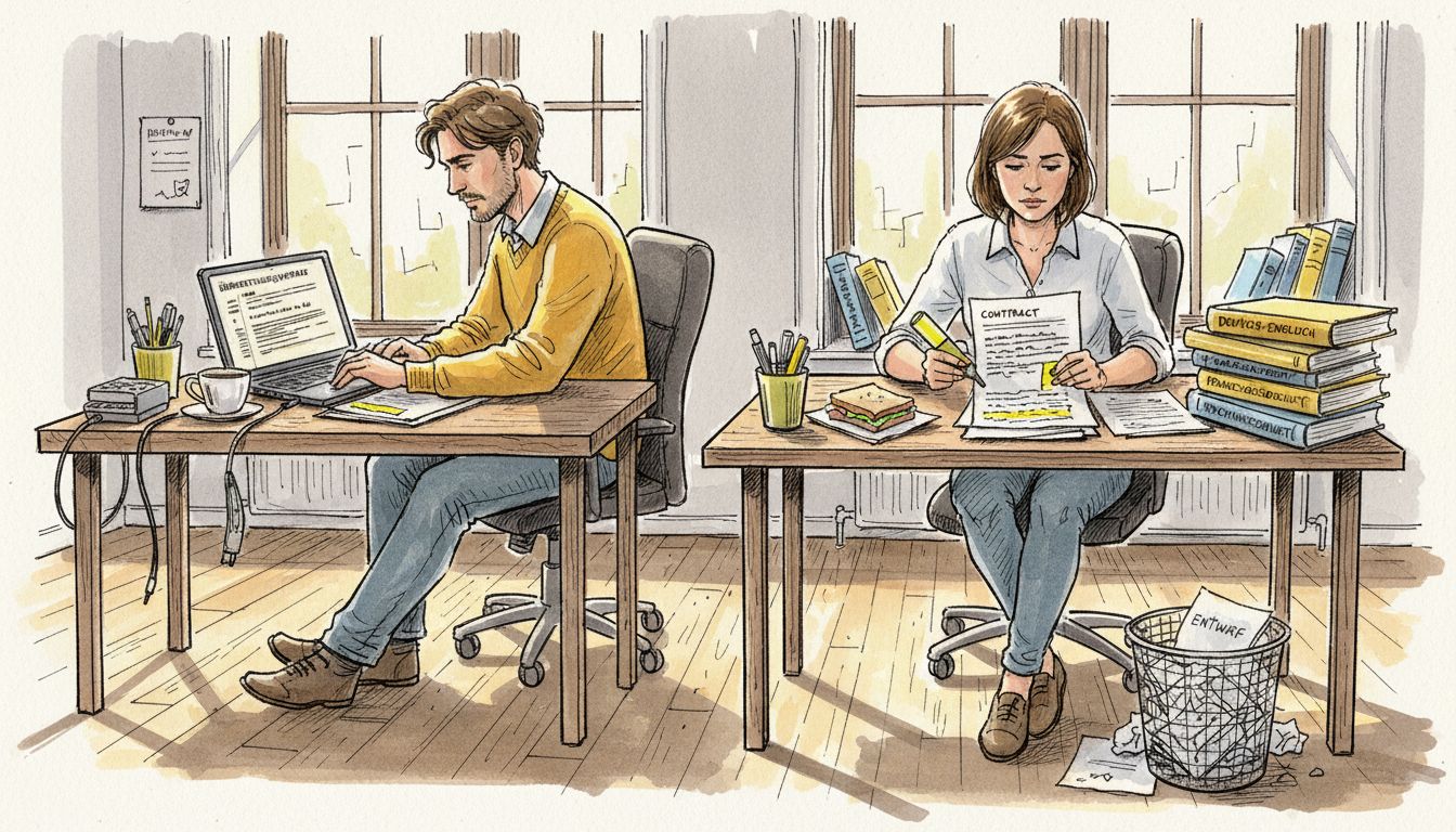 Zwei Übersetzer sitzen an ihren vollgepackten Schreibtischen in einem hellen Büro und arbeiten konzentriert.