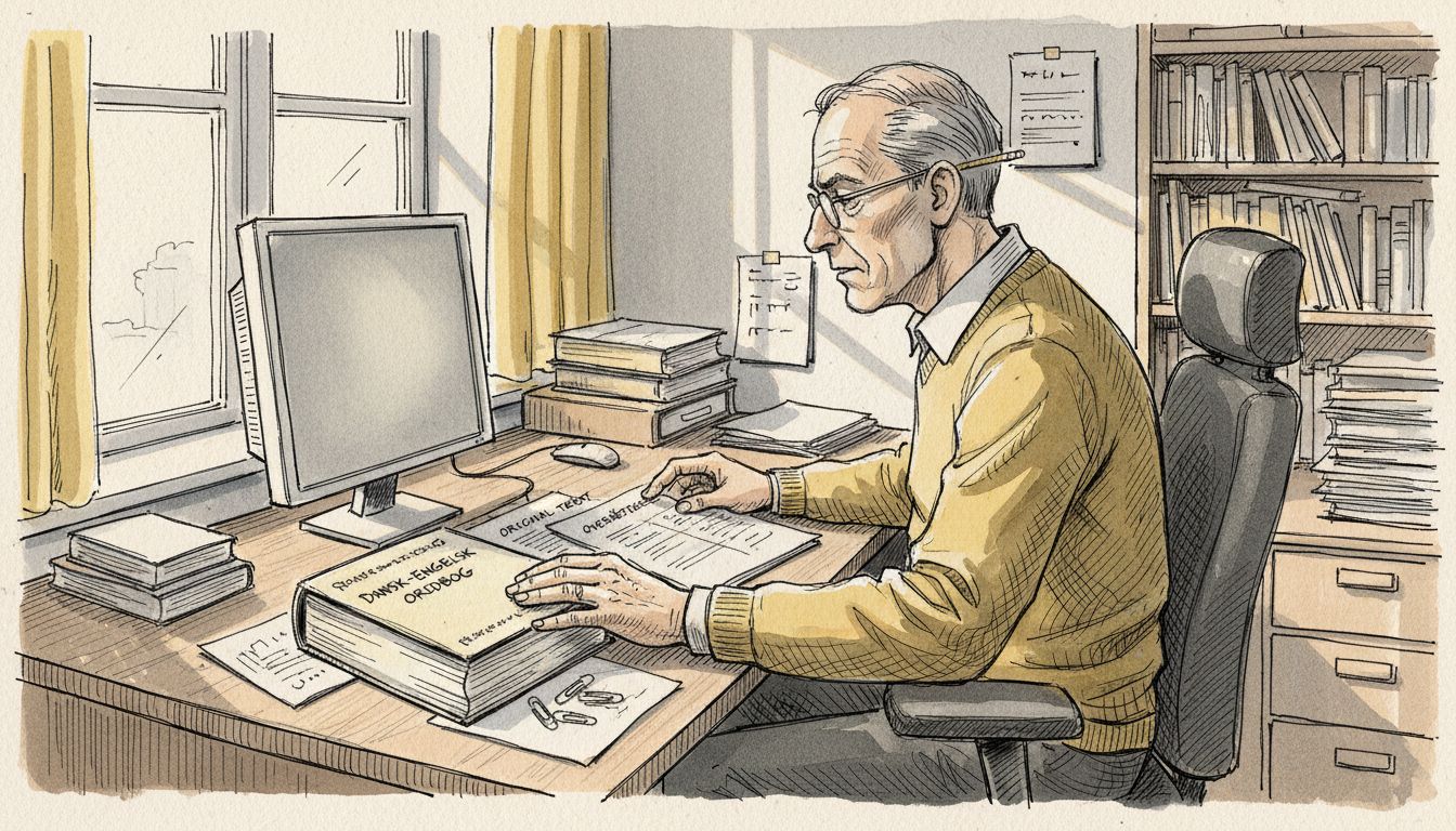 Oversætter gennemgår og sammenligner udskrifter fra forskellige systemer