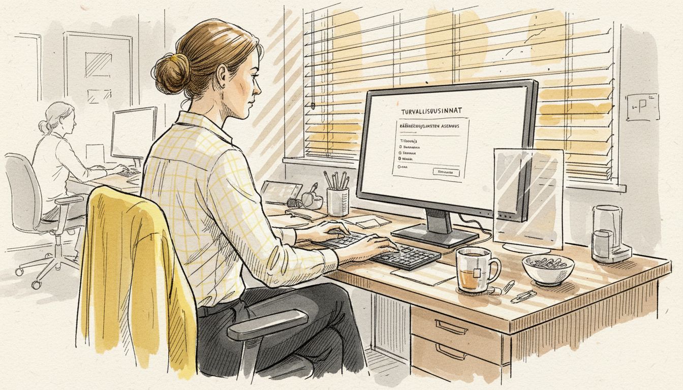 Kääntäjä asentaa tietoturvallista ohjelmistoa työpöydällään.