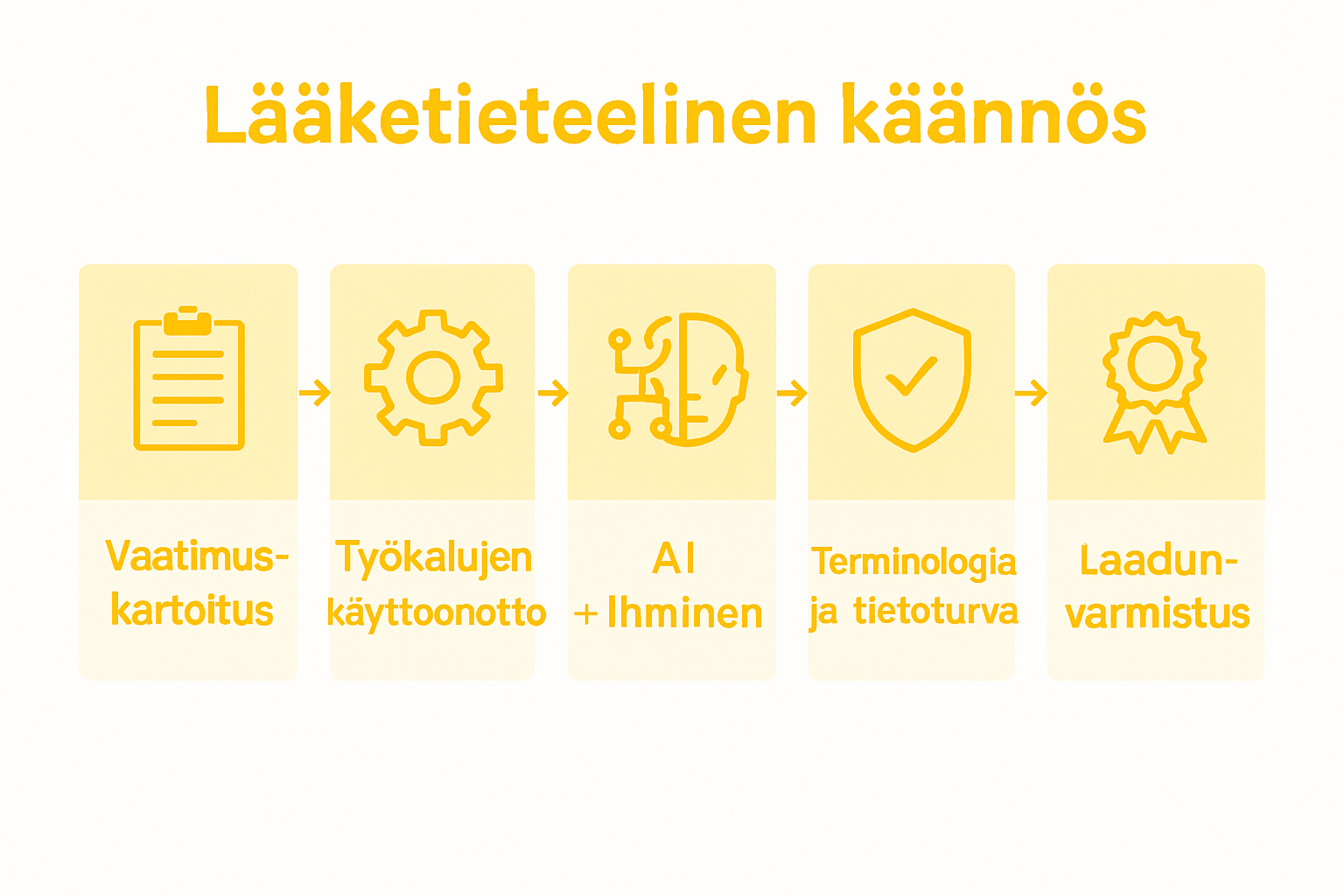 Havainnollistava kuva: Lääketieteellisen käännösprosessin viisi vaihetta