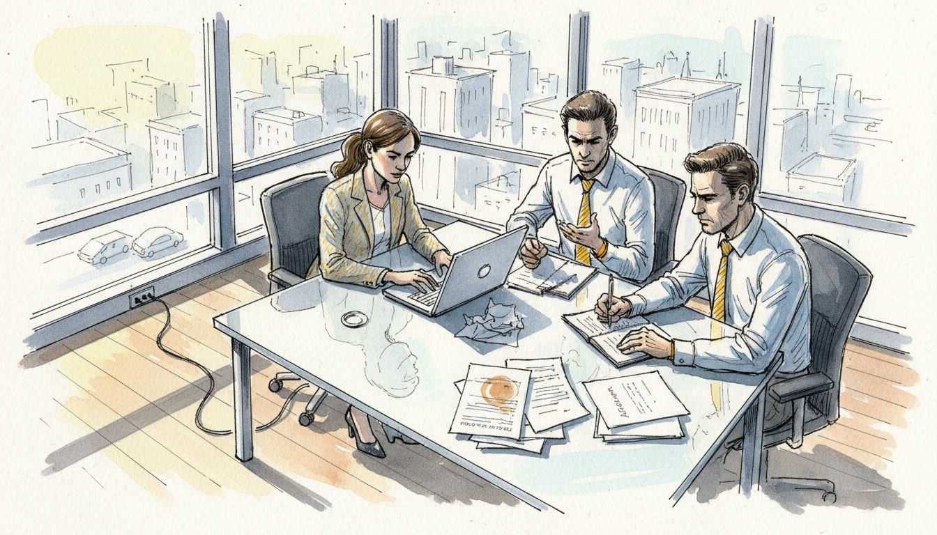 Translation professionals collaborating in corner office