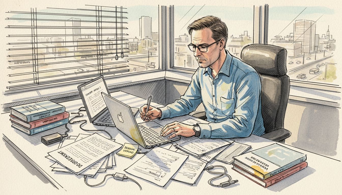 Een vertaler aan het werk, omringd door laptops, tablets en stapels documenten op zijn bureau.