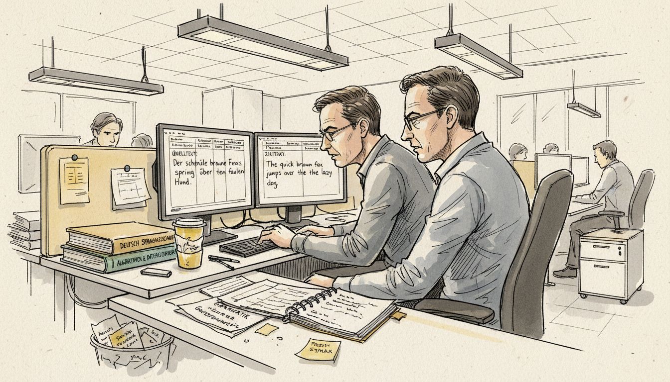 Eine Sprachwissenschaftlerin und ein Ingenieur arbeiten gemeinsam an einem Übersetzungsprojekt.