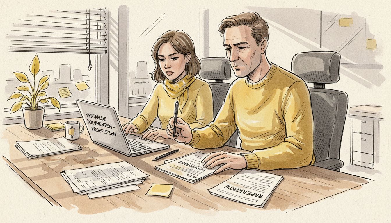 Twee vertalers zitten samen op kantoor documenten door te nemen.