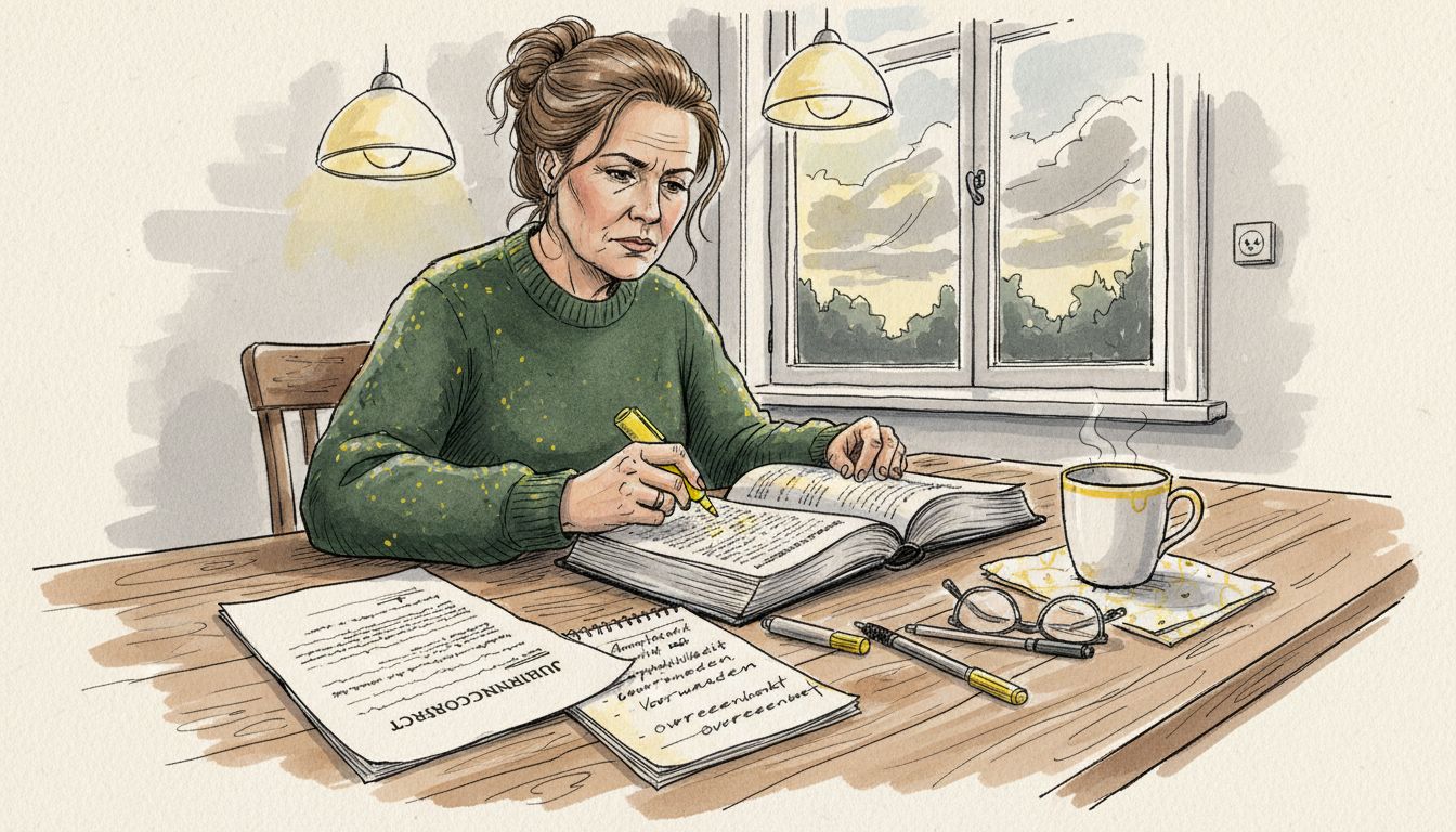 Vertaler aan het werk met woordenboek en aantekeningen