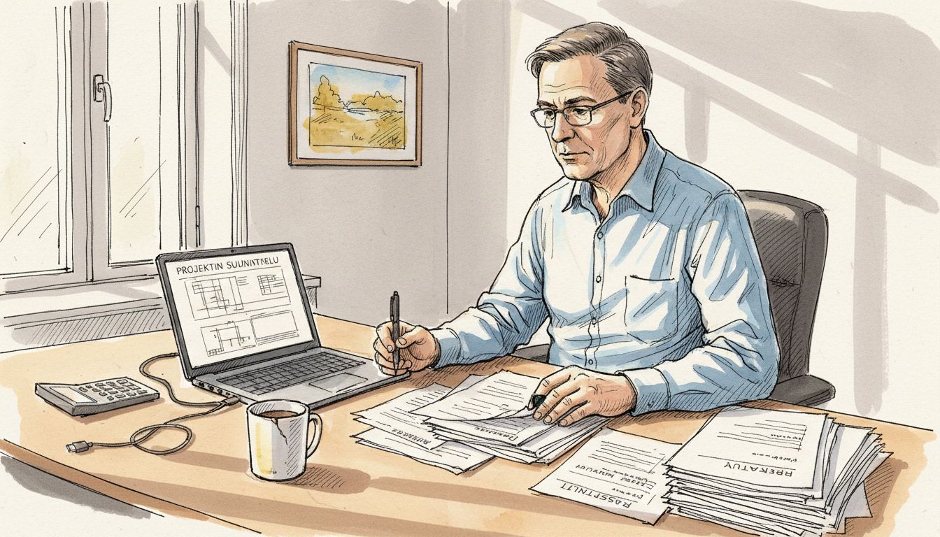 Kulmahuoneiston työpöydän ääressä ahkeroi kääntäjä.