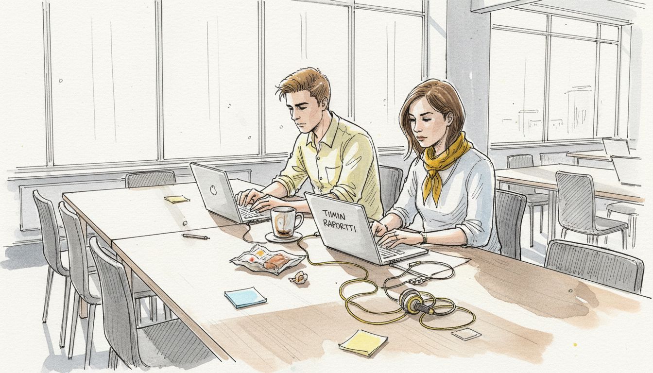 Työkaverit käyttävät käännöstyökaluja yhdessä pöydän ääressä.