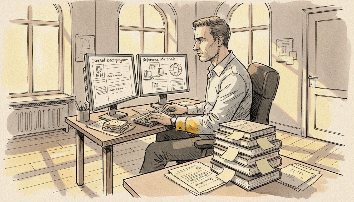 En oversætter sidder på sit kontor omgivet af moderne teknologi og digitale hjælpemidler.